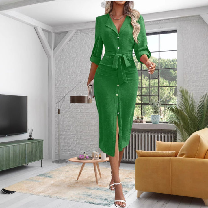 Damen Mittellanges Hemdblusenkleid mit Taillengürtel und Knopfleiste Echo Archiv