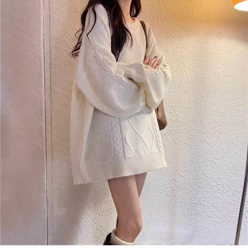 Damen Oversize Zopfmuster-Longpullover mit Rundhals und Ballonärmeln Echoarchiv