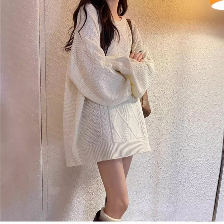 Damen Oversize Zopfmuster-Longpullover mit Rundhals und Ballonärmeln Echoarchiv