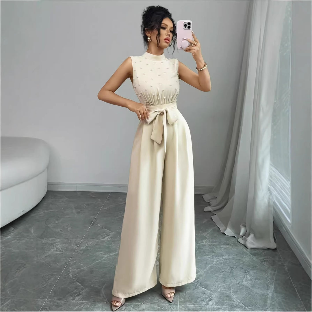 Damen Eleganter Jumpsuit mit Perlenbesatz, Stehkragen und weitem Palazzo-Bein – Solévia