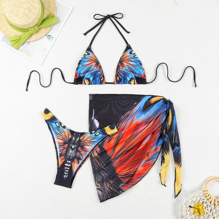 Damen Triangel-Bikini mit verspieltem Wickeldetail und buntem Tropenmotiv Echo Archiv