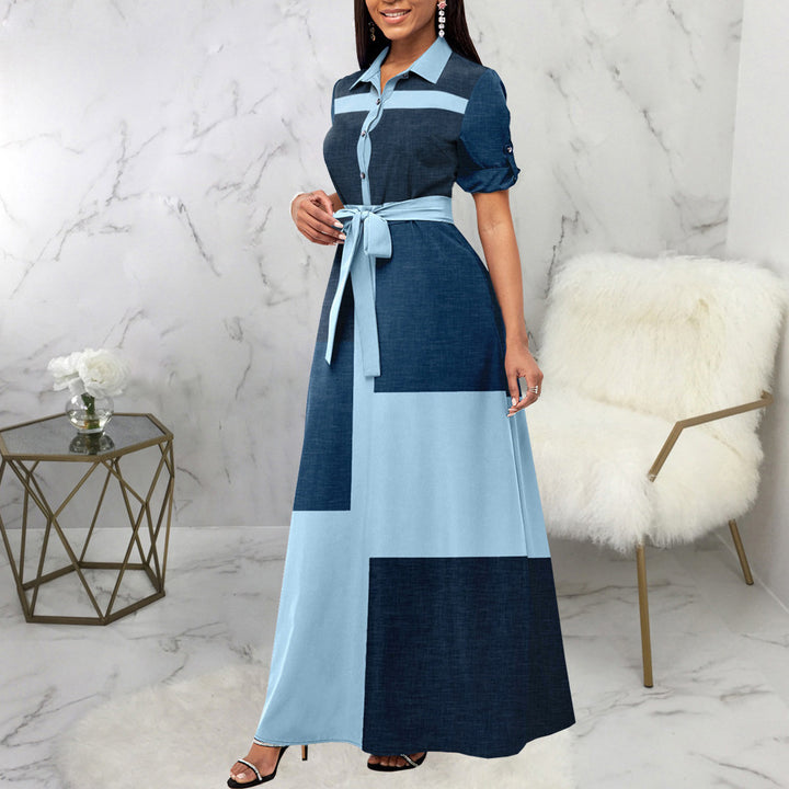 Damen Maxikleid Hemdblusenstil mit Taillengürtel und Blockpatch-Design Echoarchiv