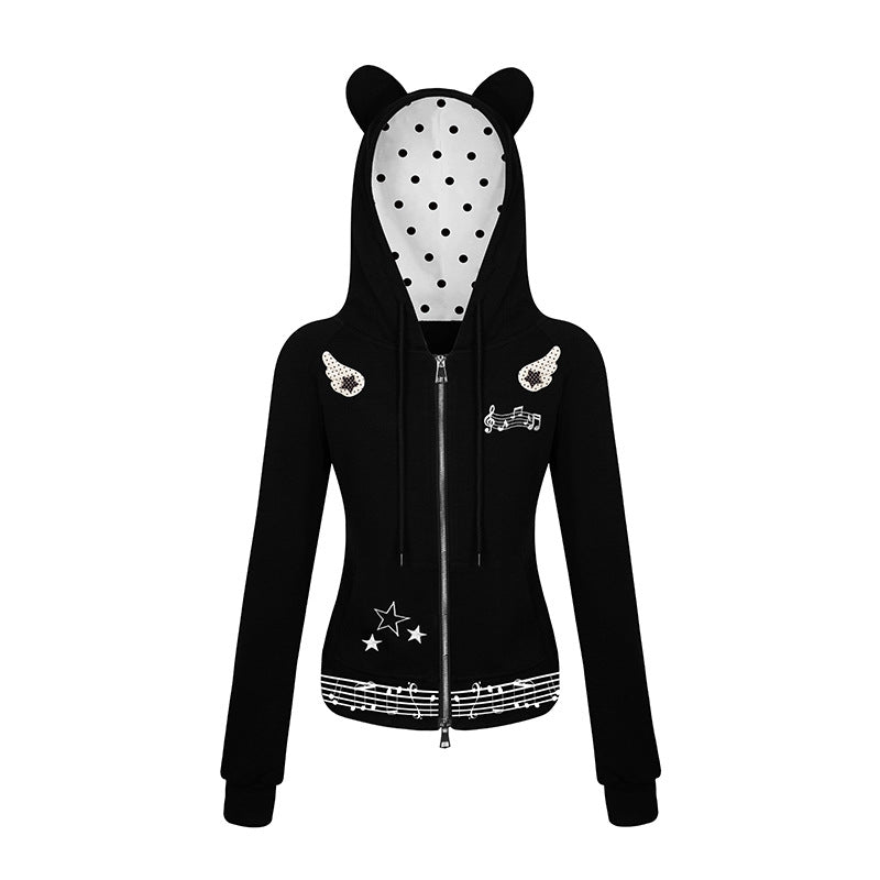 Damen Kapuzen-Sweatjacke mit Bärenohren, Reißverschluss, musikalischem Print und Polka-Lining Echoarchiv