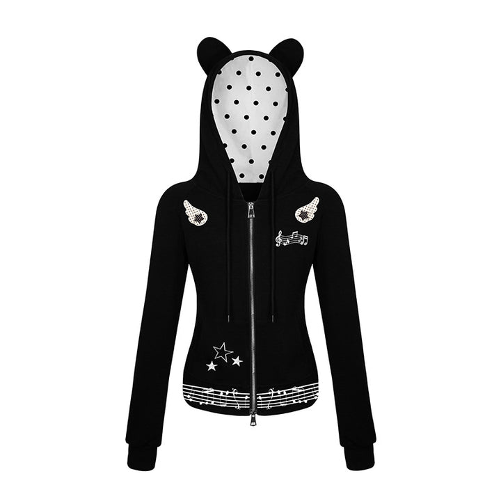 Damen Kapuzen-Sweatjacke mit Bärenohren, Reißverschluss, musikalischem Print und Polka-Lining Echoarchiv