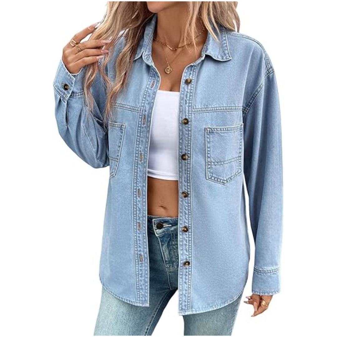 Damen Oversize Jeanshemdjacke im Washed-Look mit Brusttaschen und durchgehender Knopfleiste Echo Archiv