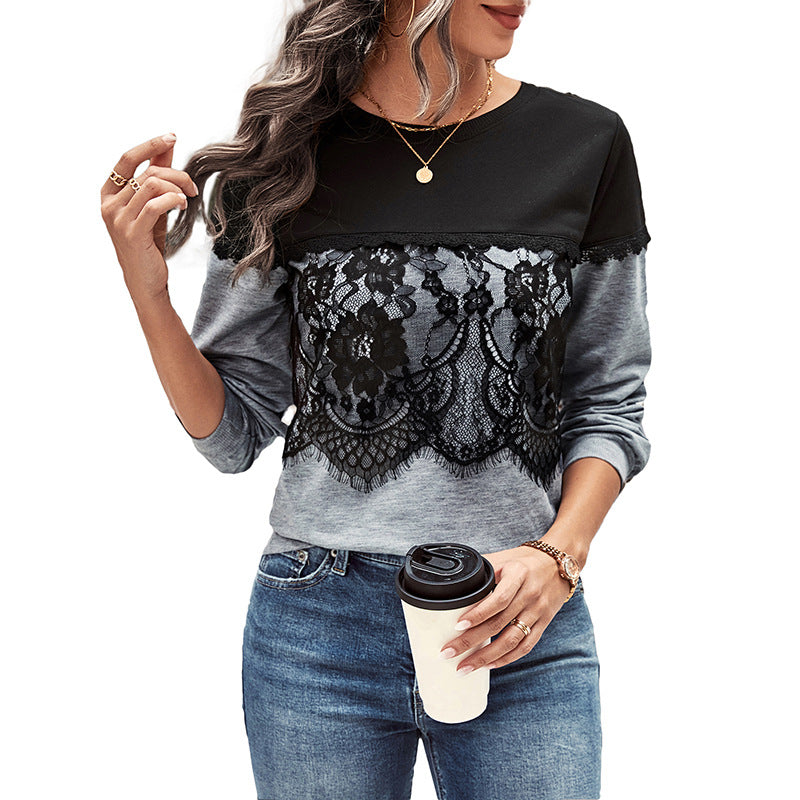 Damen Elegantes Sweatshirt mit floraler Spitzenapplikation und Kontrast-Schulterpartie Echoarchiv