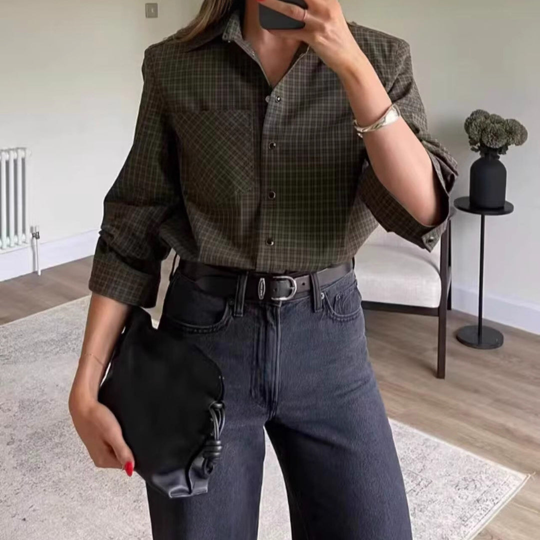Damen Oversize-Karo-Hemd mit Brusttasche und abgerundetem Saum Echo Archiv