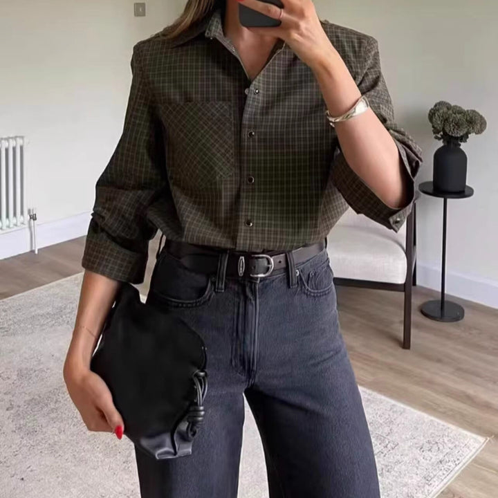 Damen Oversize-Karo-Hemd mit Brusttasche und abgerundetem Saum Echo Archiv