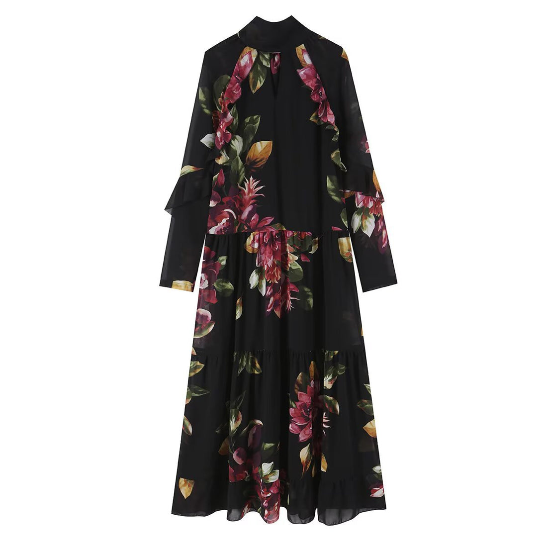 Damen Maxikleid mit Blumenprint, Stufenrock und Volantärmeln Echoarchiv