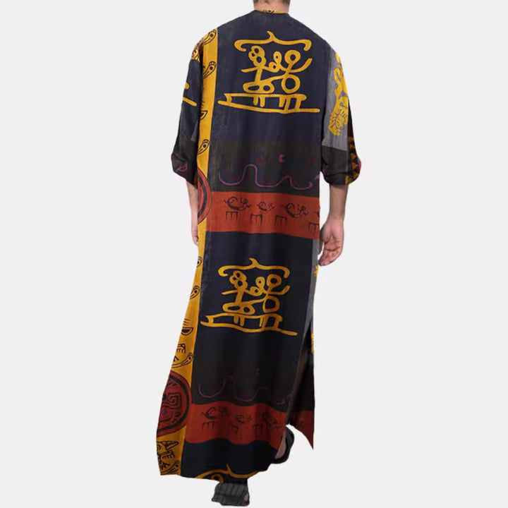 Damen nan Ethno-Maxikleid mit Stehkragen, kurzer Knopfleiste, überschnittenen Ärmeln und A-Linien-Schnitt Echo Archiv