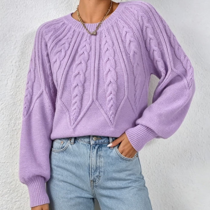 Damen kurzgeschnitteter Grobstrick-Zopfpullover mit Ballonärmeln – Mavelle