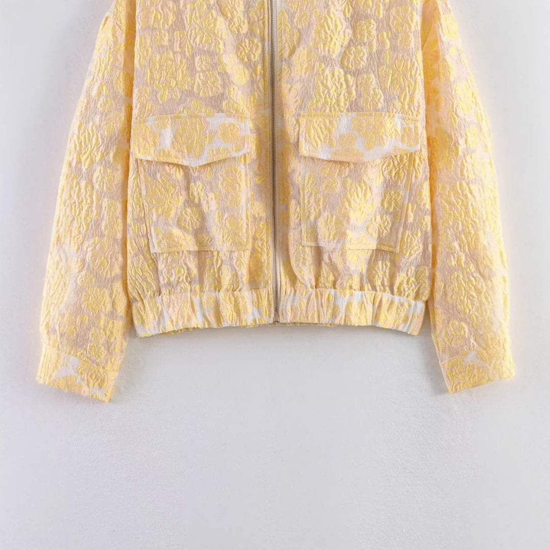 Damen Kurze florale Jacquard-Bomberjacke mit Reißverschluss und Pattentaschen Echo Archiv