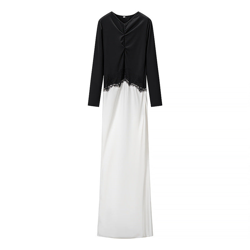 Damen Zweiton-Maxikleid mit geraffter V‑Passe, Spitzenbesatz und langen Ärmeln Echo Archiv