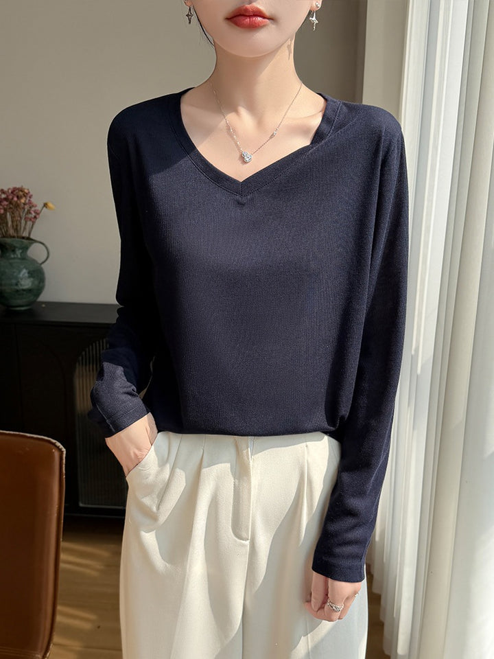 Damen Leichtes V-Ausschnitt-Feinstrick-Longsleeve Echoarchiv