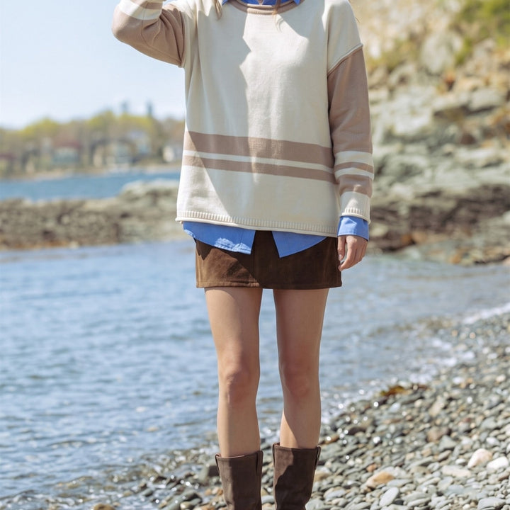 Damen Grobstrick-Pullover mit Paillettenstreifen, Oversize-Schnitt & Rundhalsausschnitt Echoarchiv