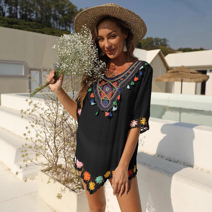 Damen luftiger Kaftan mit buntem Häkelmuster Echo Archiv