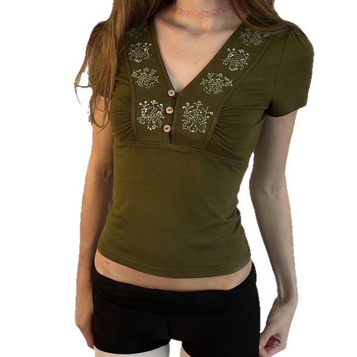 Damen T-Shirt mit floralem Stickmuster und Knopfleiste Echo Archiv