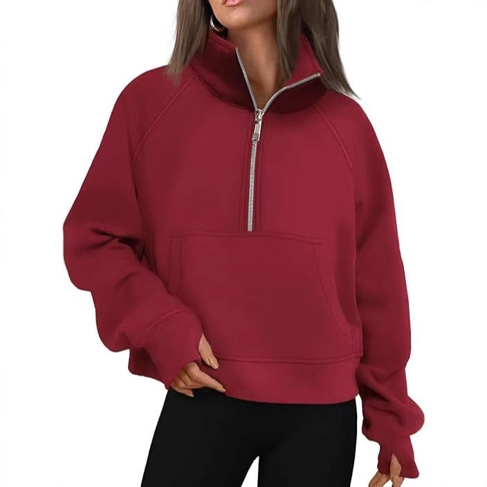 Damen nan kurzer Halfzip-Sweater mit hohem Stehkragen, Kängurutasche und verlängerten Daumenlöchern Echo Archiv