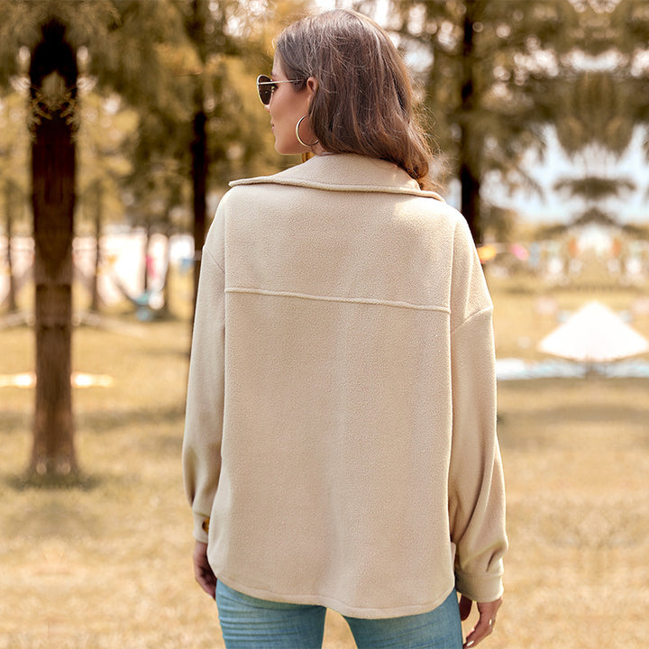 Damen Oversize-Fleece-Hemdjacke mit aufgesetzten Brusttaschen und durchgehender Knopfleiste Echoarchiv