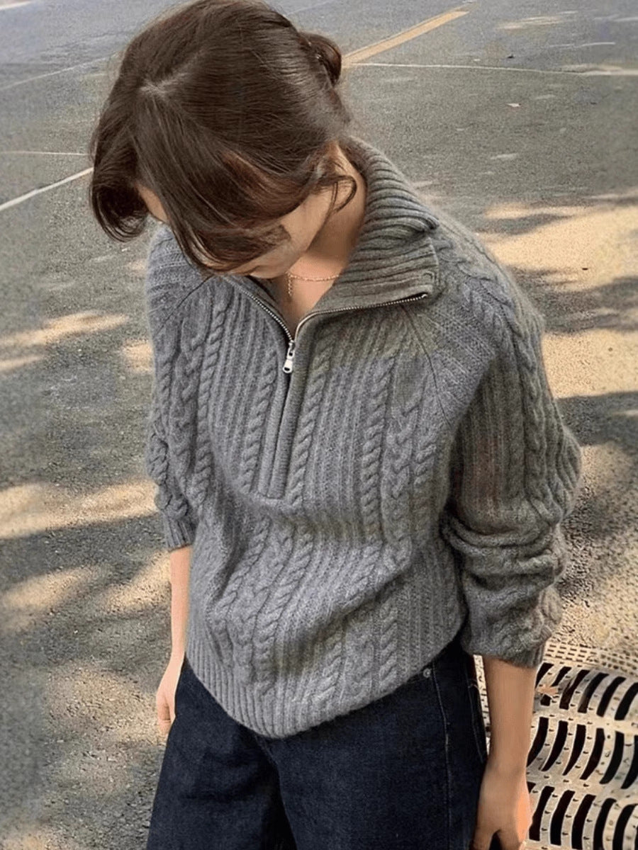 Damen Zopfstrick-Polokragenpullover mit Halbreißverschluss und weichem Mohair-Look Echoarchiv