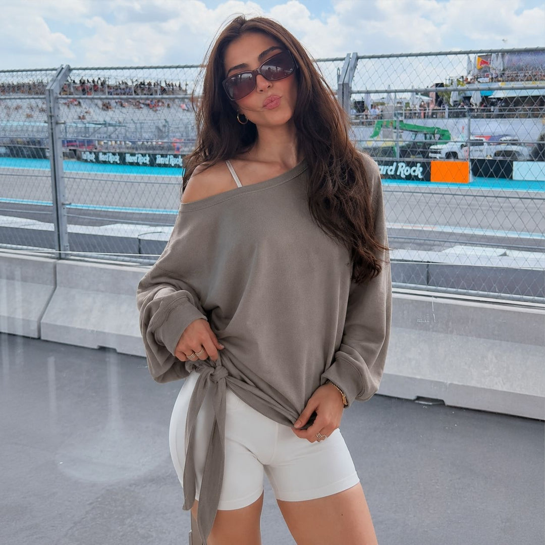 Damen schulterfreies Sweatshirt mit Knotengürtel und Oversize-Schnitt – Avérine