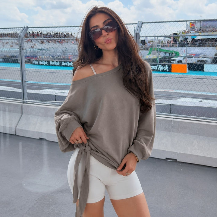 Damen schulterfreies Sweatshirt mit Knotengürtel und Oversize-Schnitt – Avérine