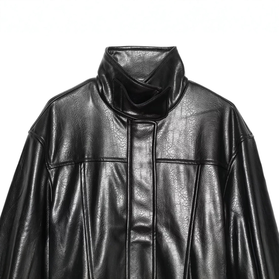 Damen Kurzer Oversize-Kunstledertrench mit hohem Stehkragen und Taillengürtel Echo Archiv