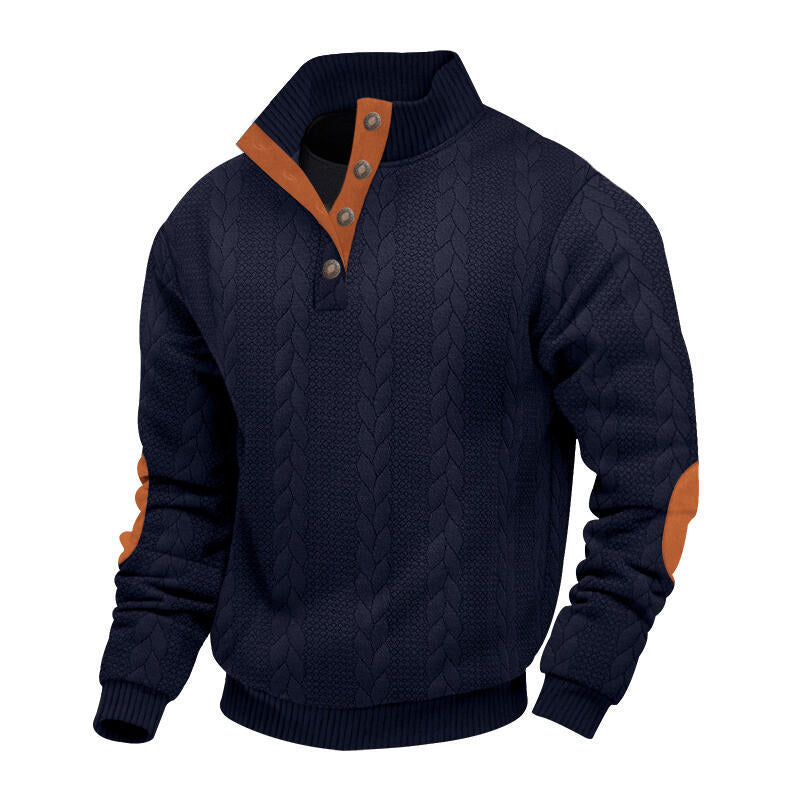Herren nan grober Zopfstrick Troyer mit Knopfleiste und Veloursleder-Ellenbogenpatches Echo Archiv