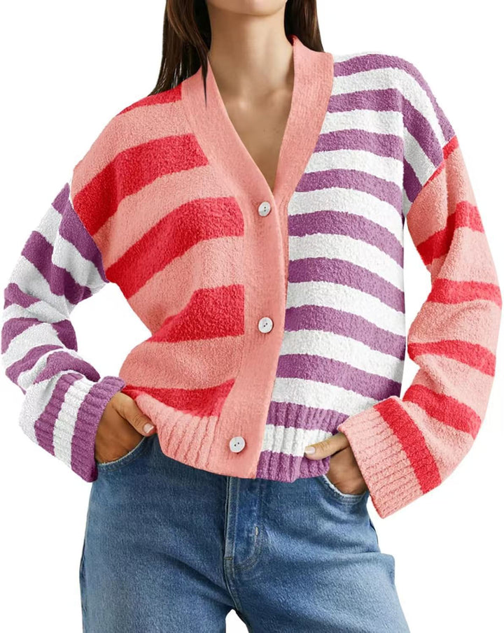 Damen lockerer gestreifter Frottee-Cardigan mit V-Ausschnitt und Knopfleiste – Veloura