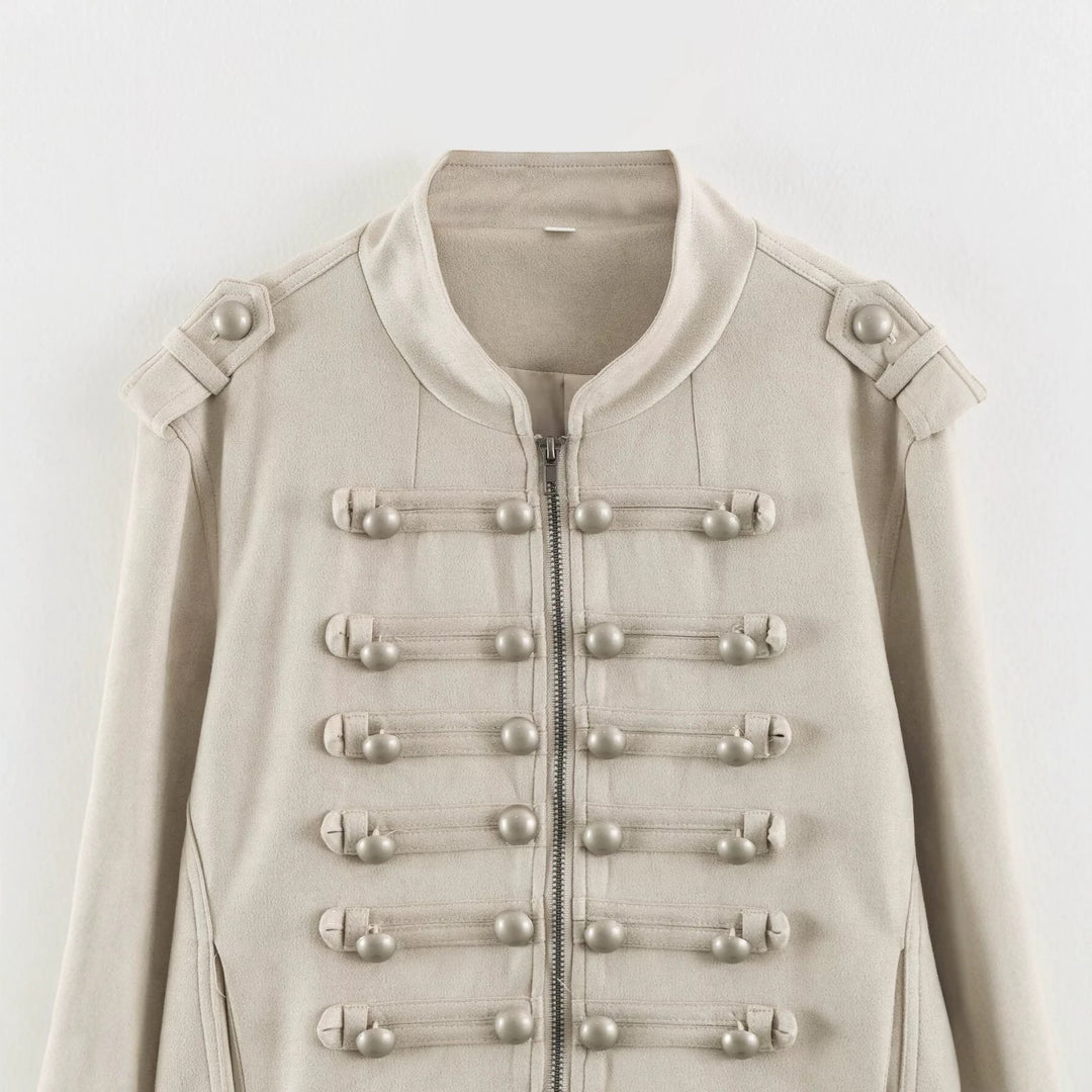 Damen Kurze Military-Jacke mit Zierknopfleiste und Stehkragen Echoarchiv