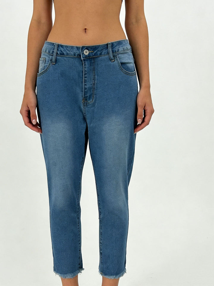 Damen nan schmale knöchellange Jeans mit rohem Fransenabschluss und mittelhoher Taille Echo Archiv