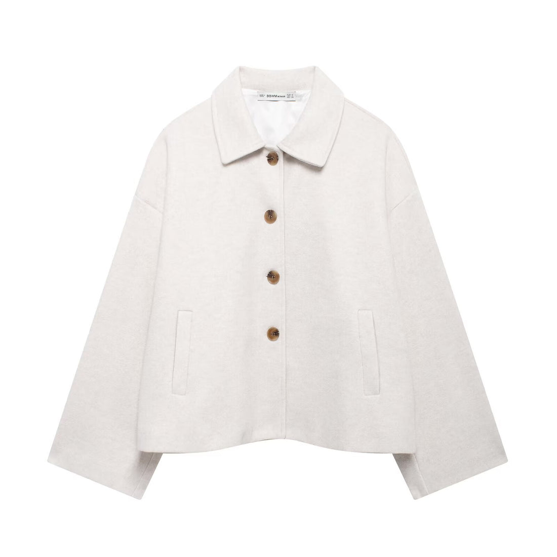 Damen kurze kastige Wolljacke mit Hemdkragen, durchgehender Knopfleiste und eingesetzten Eingrifftaschen – Célinea
