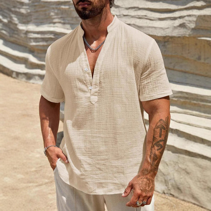 Herren Kurzarm Henley Hemd mit modernem Stehkragen aus leichtem Baumwollmaterial Echoarchiv