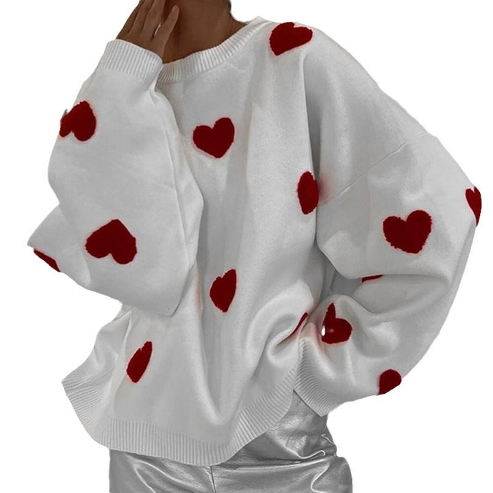 Damen Oversize-Feinstrickpullover mit Allover-Herzintarsien und überschnittenen Schultern – Mavelle