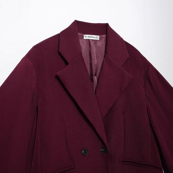 Damen kastiger Doppelreiher Blazerjacke mit überschnittener Schulter, Reverskragen und gefütterten Innennähten – Valéne