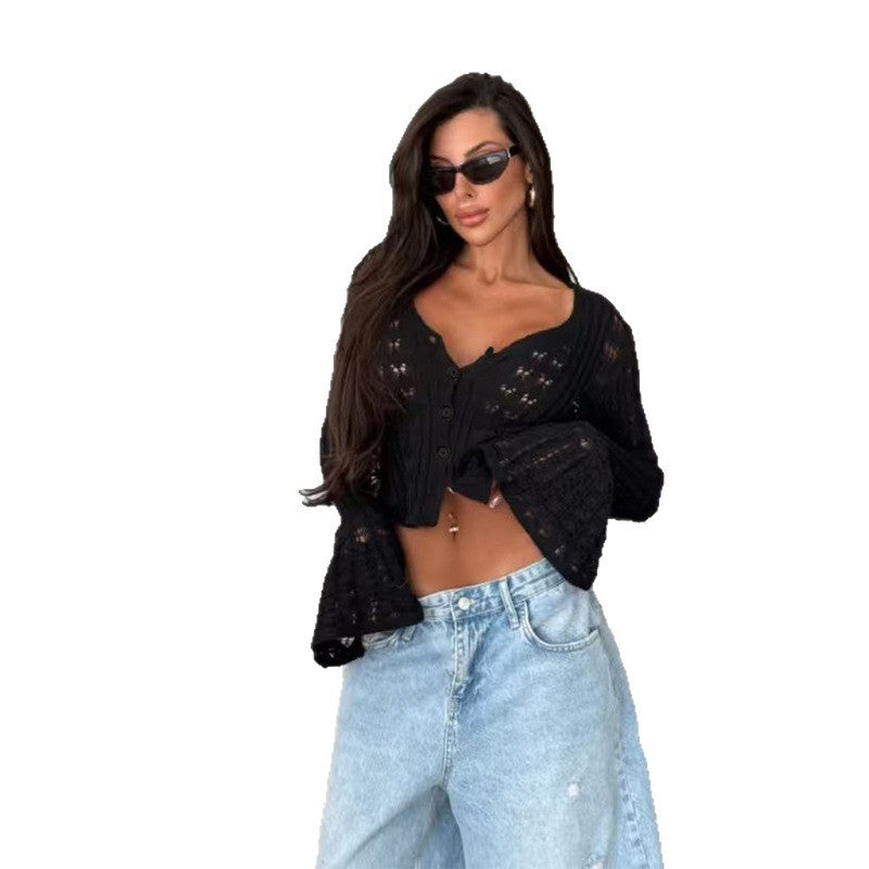 Damen Stylische Strickjacke mit V-Ausschnitt und Schlagärmeln Echo Archiv