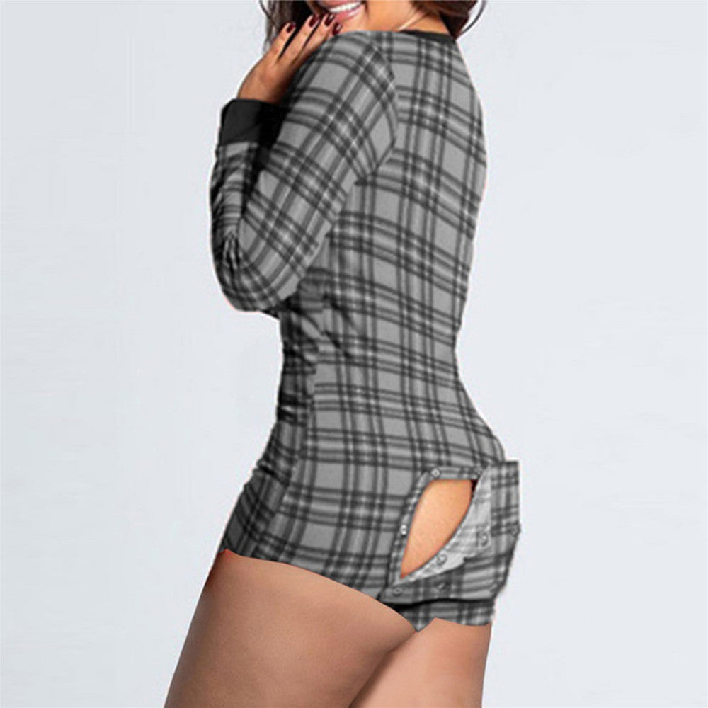 Damen Karierter Longsleeve-Body mit praktischer Rückenöffnung & Druckknopf-Slip – Bodéline