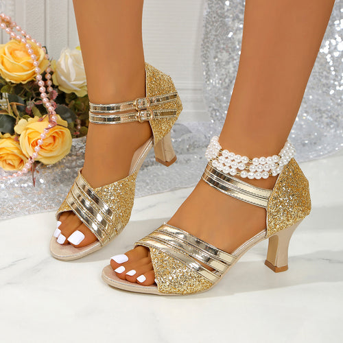 Damen nan schimmernde Abend-Sandalette mit feinem Glitzerbesatz, doppeltem Knöchelriemen und elegantem Mittelhochabsatz Echo Archiv