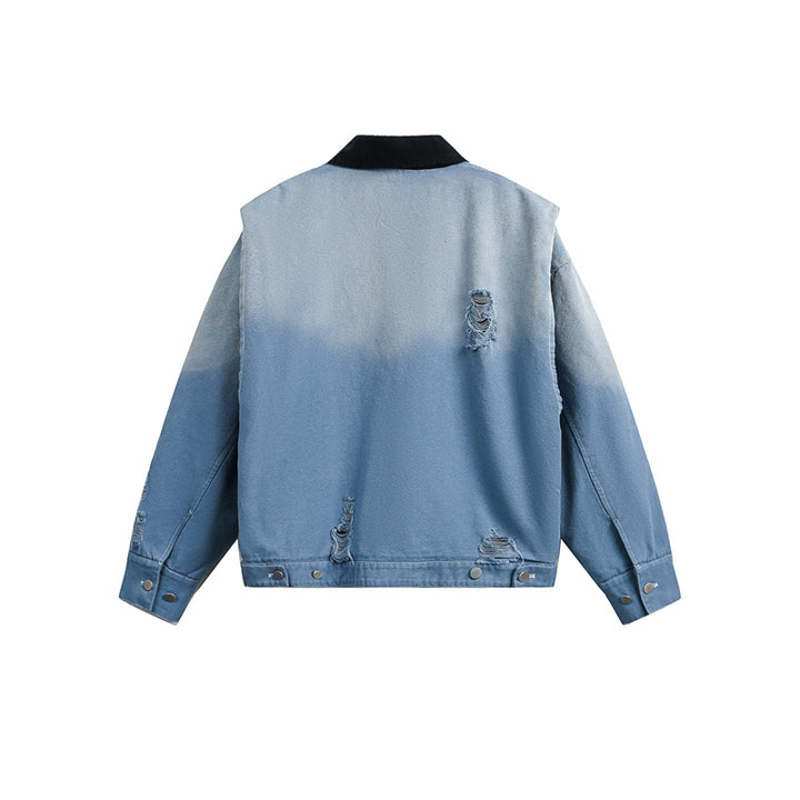 Herren Gekürzte Denim‑Blousonjacke im Used‑Look mit Cordkragen und Distressed‑Details Echoarchiv