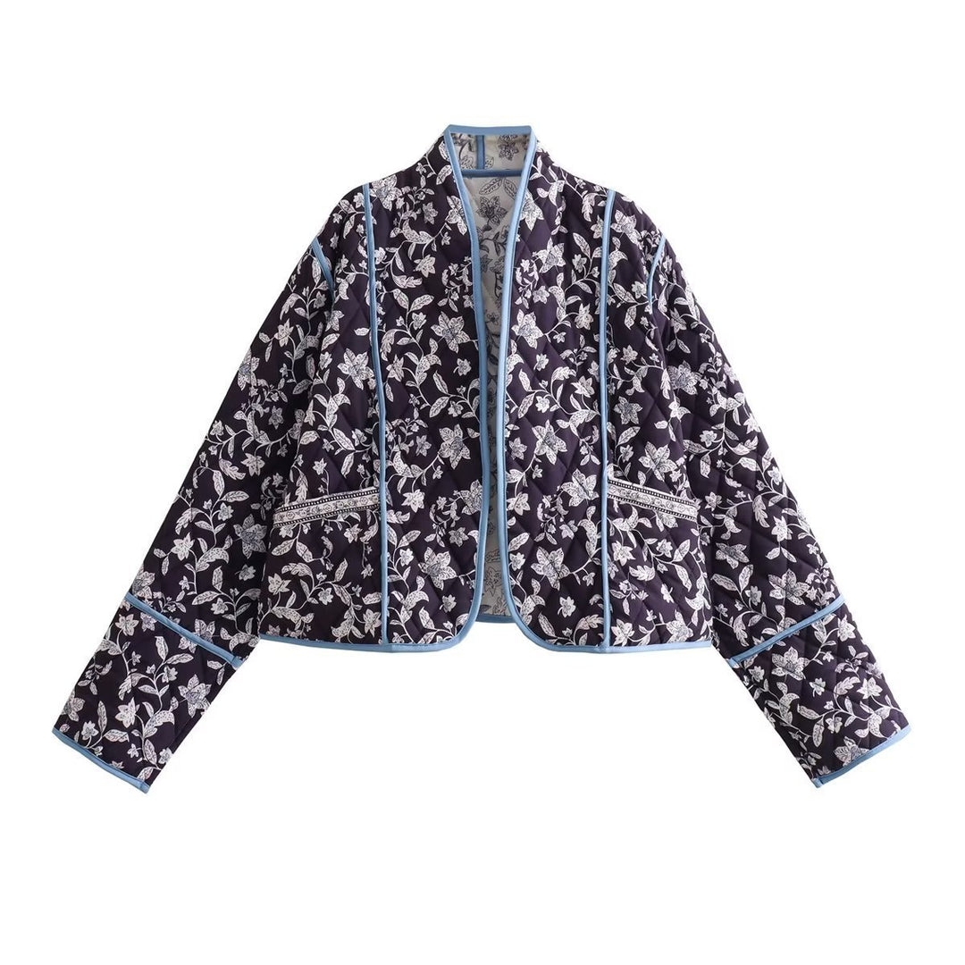 Damen Gestepptes Cropped-Steppjacke mit floralem Allovermuster und kontrastierender Paspelierung Echo Archiv