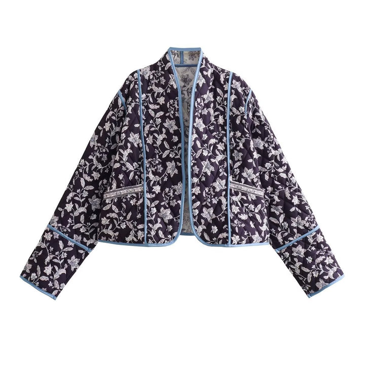 Damen Gestepptes Cropped-Steppjacke mit floralem Allovermuster und kontrastierender Paspelierung Echo Archiv