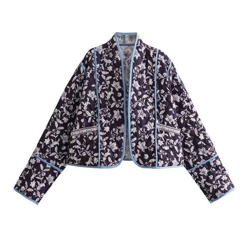 Damen Gestepptes Cropped-Steppjacke mit floralem Allovermuster und kontrastierender Paspelierung Echo Archiv