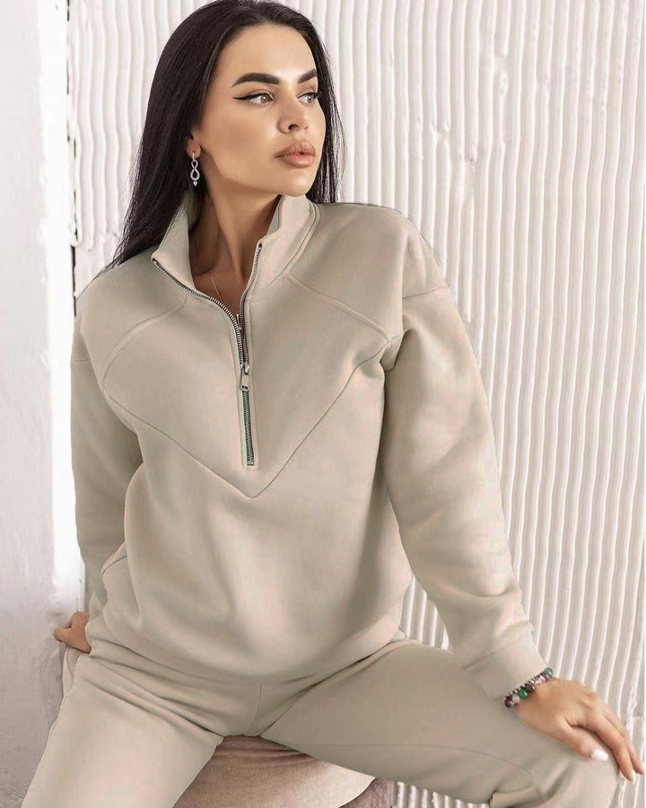 Damen Zweiteiliges Sweat-Loungewear-Set mit Troyer-Reißverschluss und elastischer Jogginghose Echoarchiv