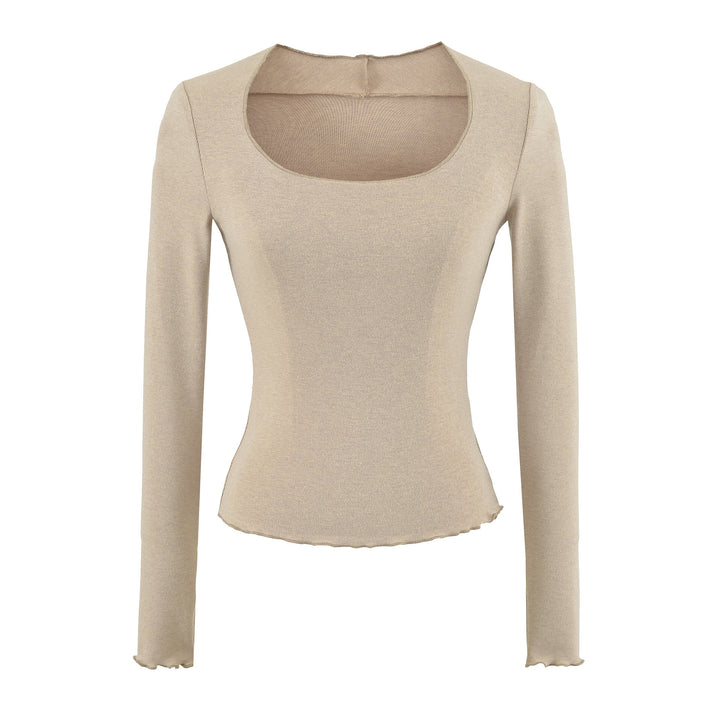 Damen Figurbetontes Langarm-Feinstrickshirt mit quadratischem Ausschnitt und Wellensaum Echoarchiv