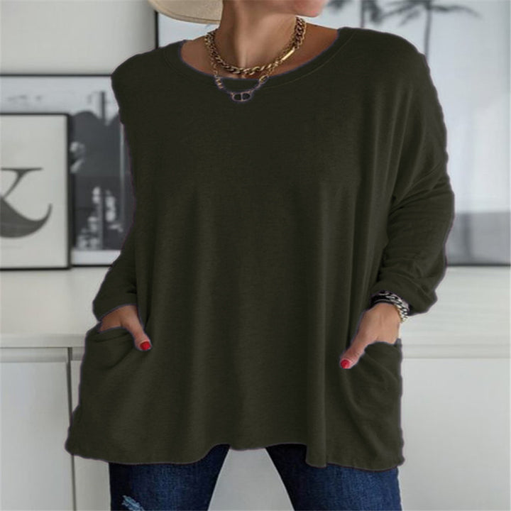 Damen nan oversized Longsleeve-Tunika mit Rundhalsausschnitt, überschnittener Schulter und aufgesetzten Taschen Echo Archiv