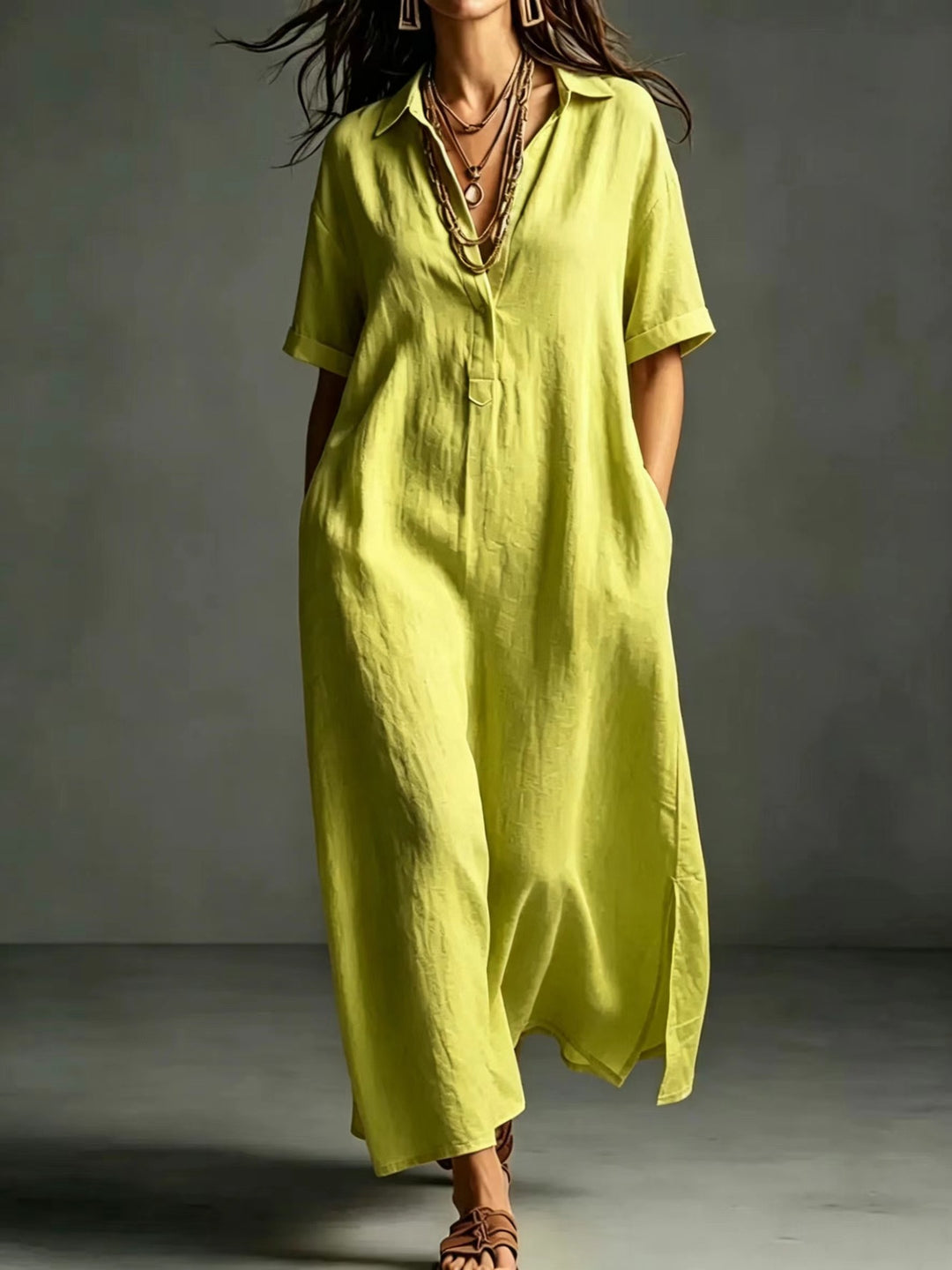 Damen Leinen Maxikleid mit V-Ausschnitt und praktischen Taschen Echo Archiv