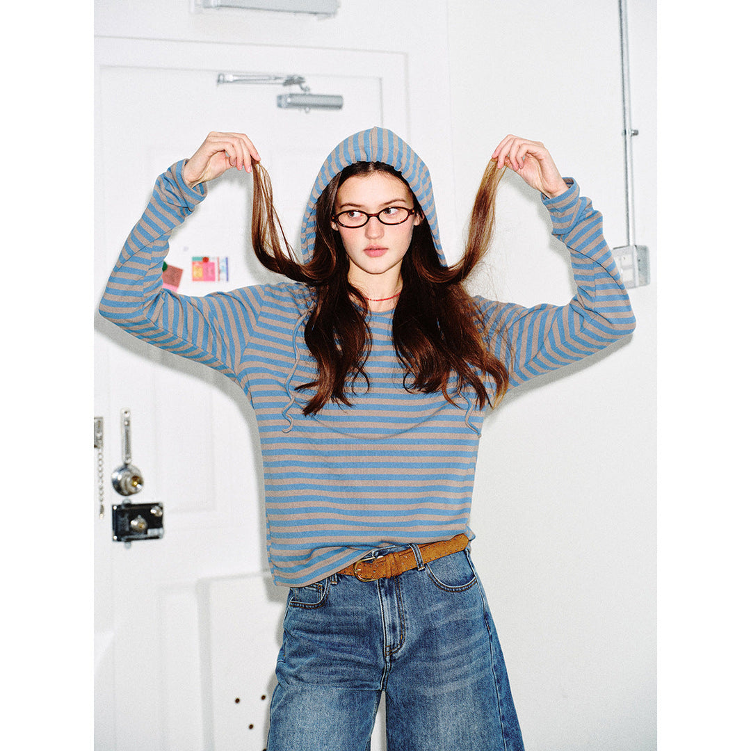 Damen Gestreiftes Langarm-Hoodie-Shirt mit V‑Ausschnitt und Kapuzenband Echoarchiv