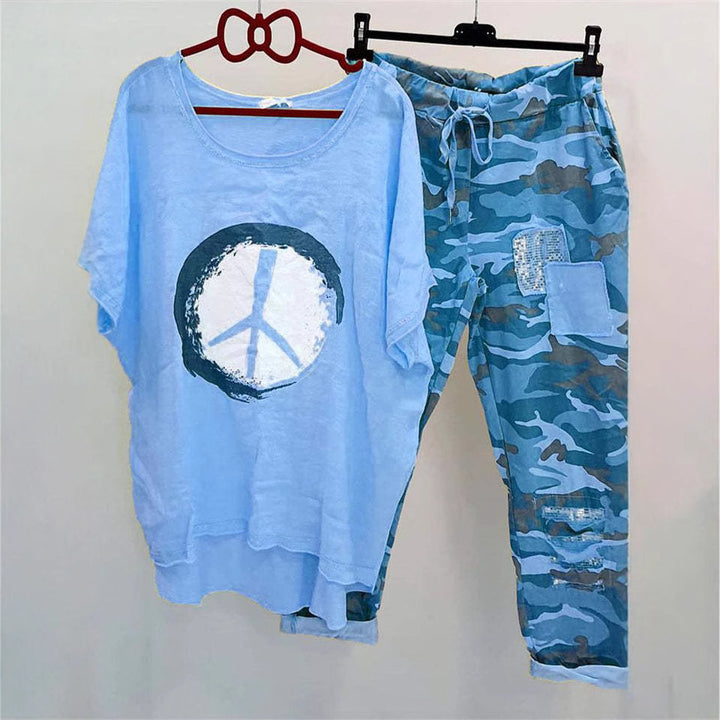 Damen nan lässiges Freizeit-Zweiteiler mit weit geschnittenem Leinenoptik-Shirt, Peace-Symbol und Camouflage-Jogpant mit Patchdetails Echo Archiv