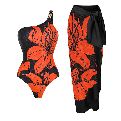 Damen Badeanzug mit asymmetrischem Schnitt und floralen Akzenten Echo Archiv