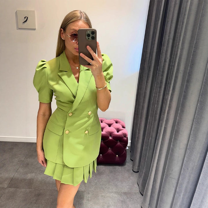 Damen Doppelreihiges Blazerkleid mit Puffärmeln und plissiertem Saum Echoarchiv